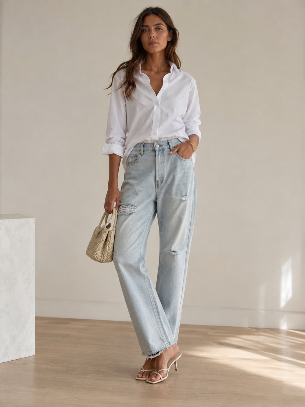 rag & bone Light Blue Straight Jeans with Distressed Hem